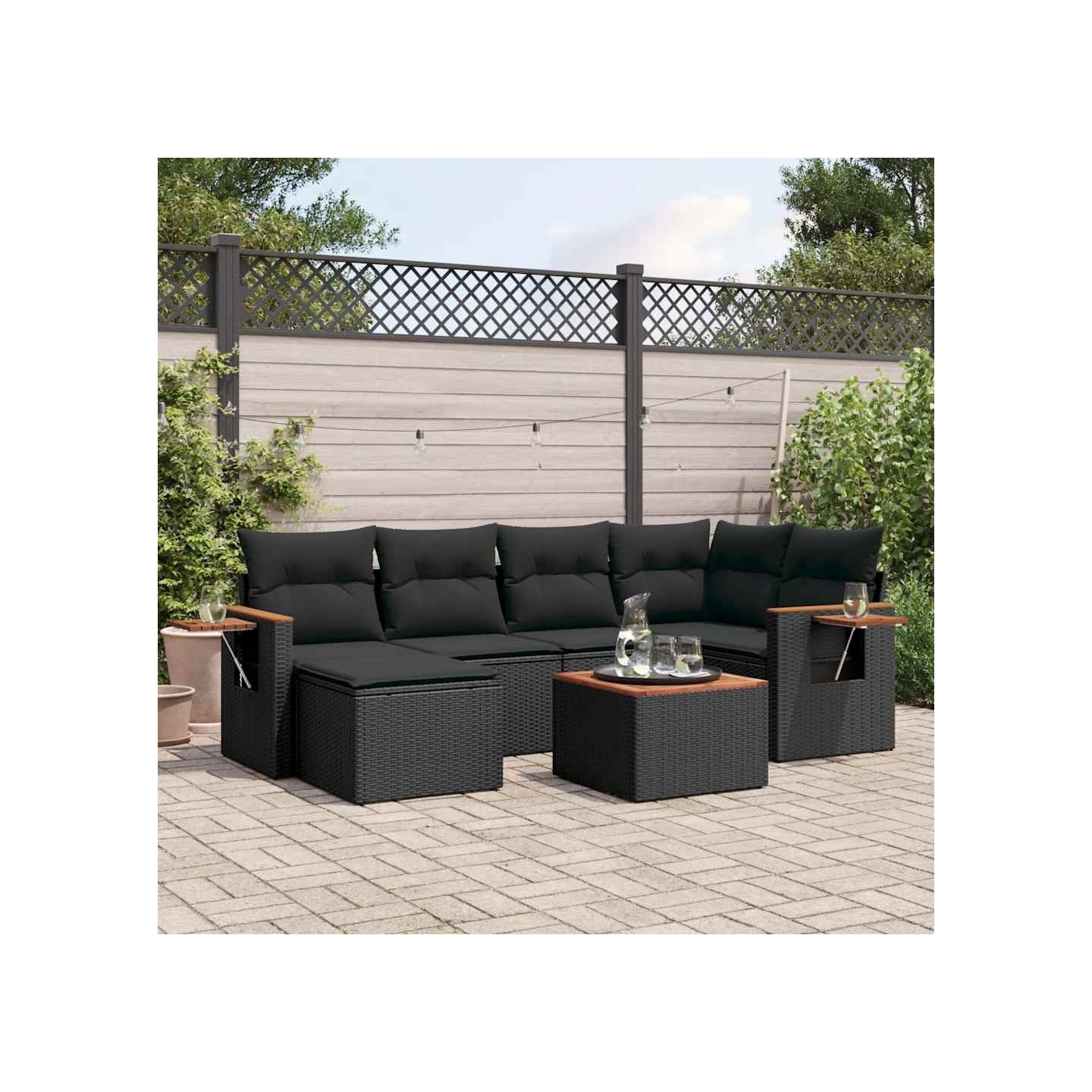 Salon de jardin 7 pcs avec coussins noir résine tressée