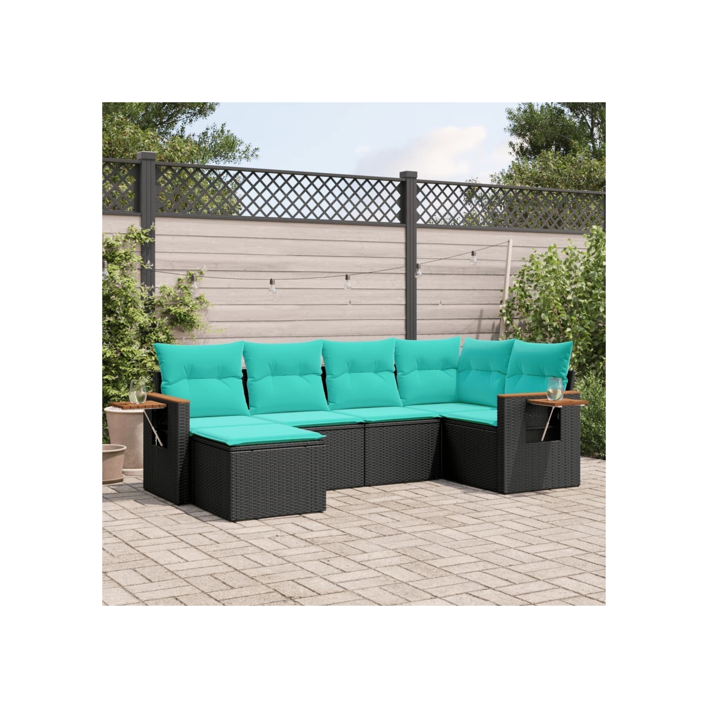 Salon de jardin 6 pcs avec coussins noir résine tressée