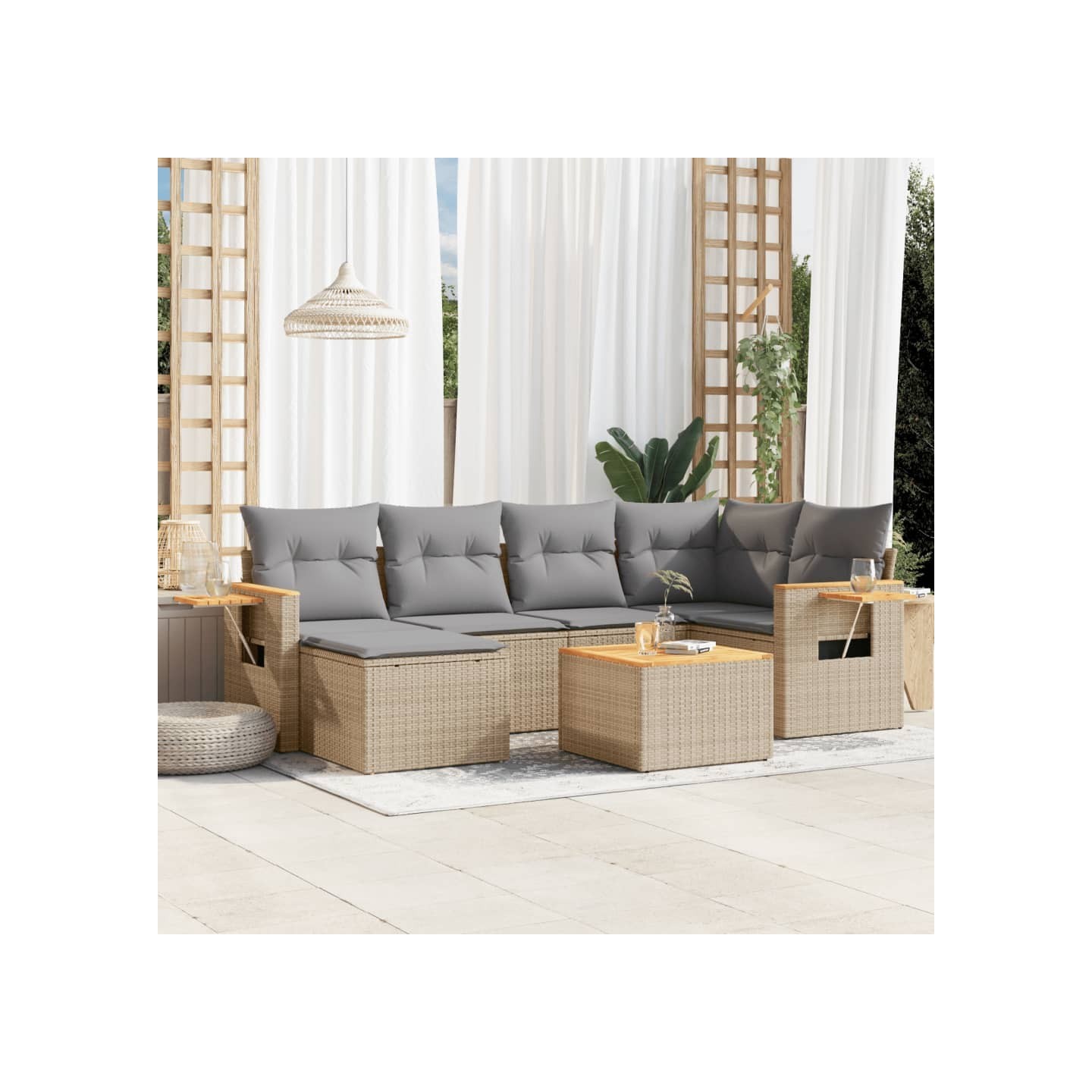 Salon de jardin avec coussins 7 pcs beige résine tressée