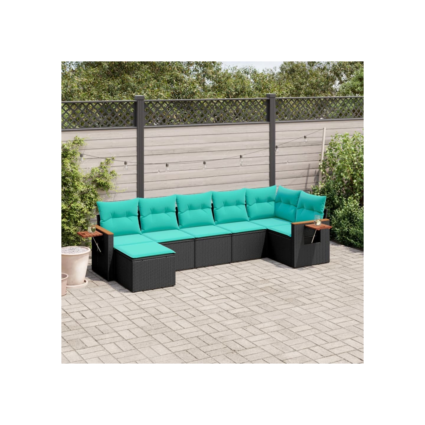 Salon de jardin 7 pcs avec coussins noir résine tressée