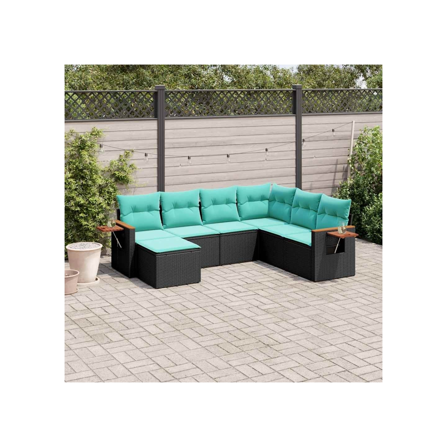 Salon de jardin 7 pcs avec coussins noir résine tressée