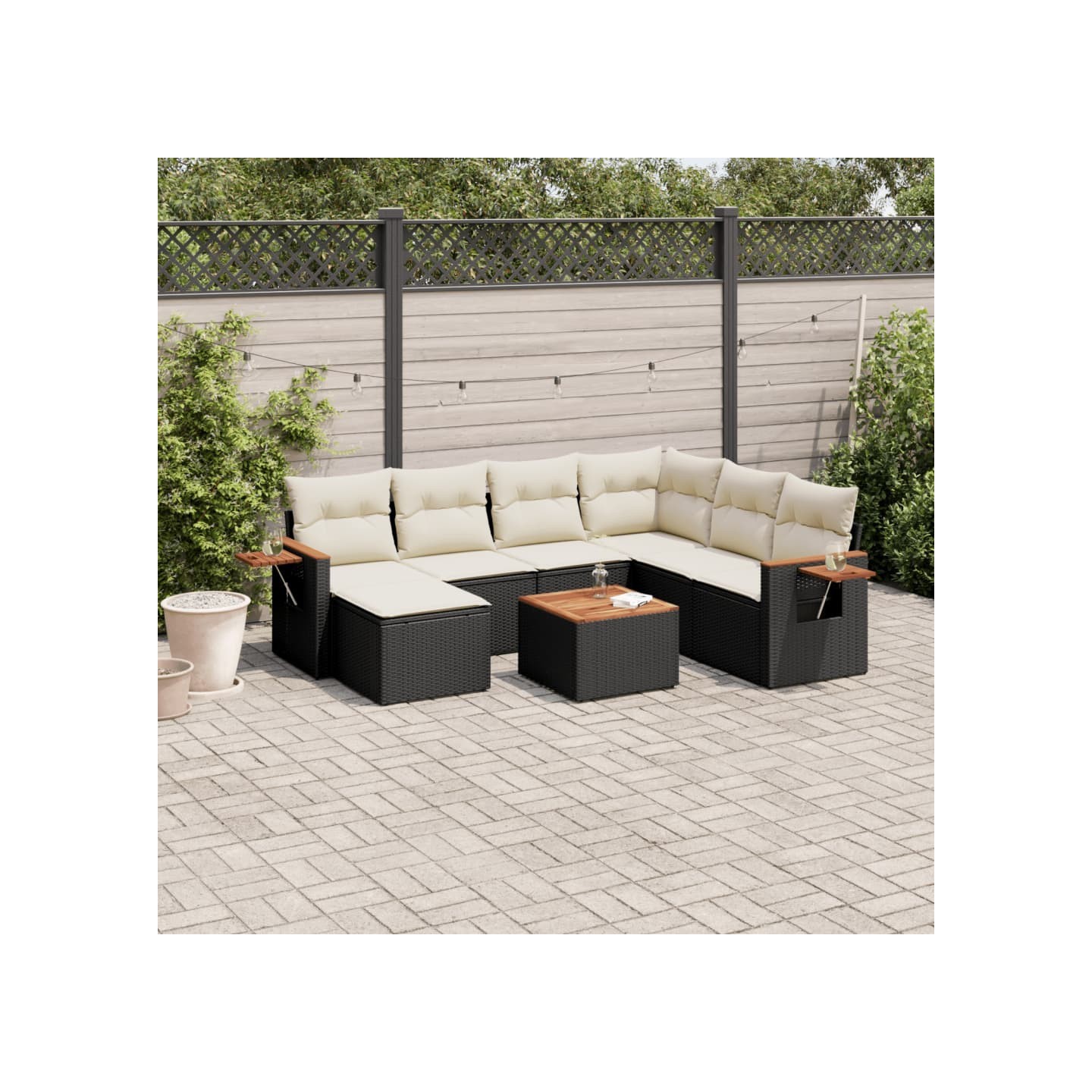 Salon de jardin 8 pcs avec coussins noir résine tressée