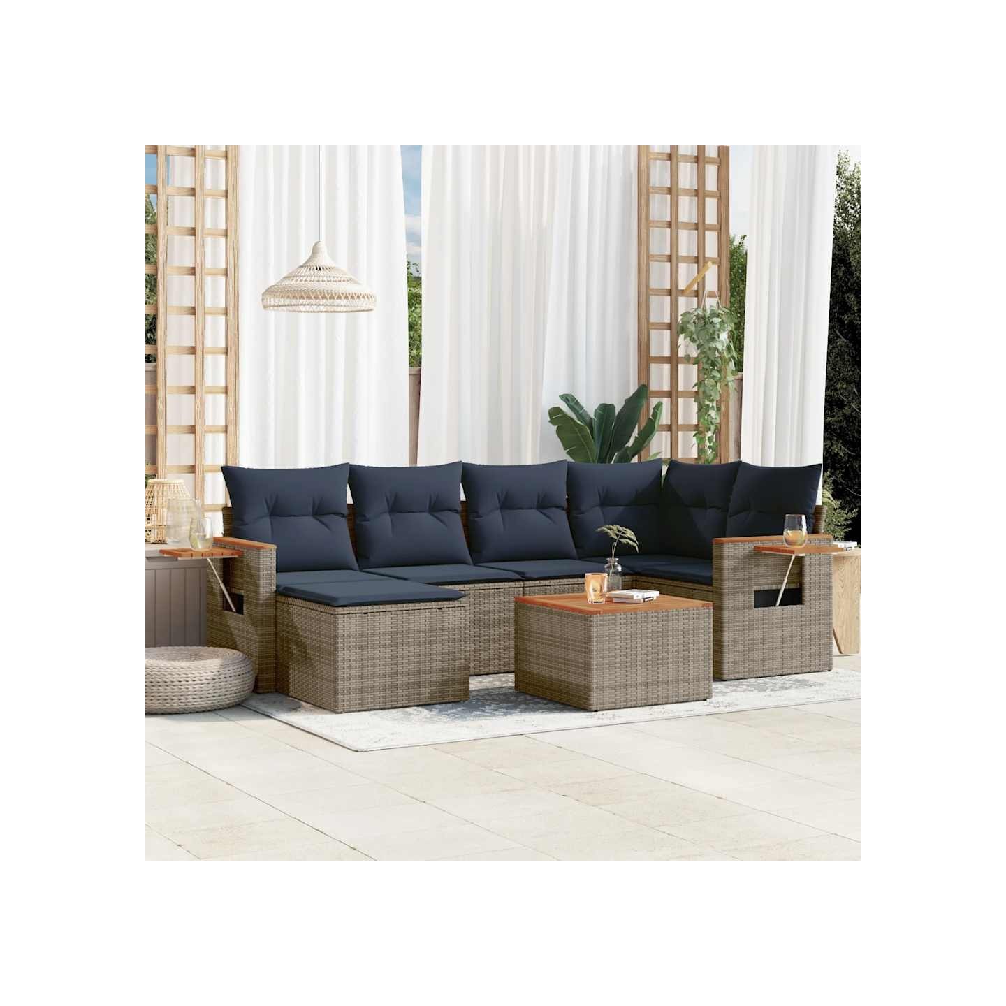 Salon de jardin 7 pcs avec coussins gris résine tressée