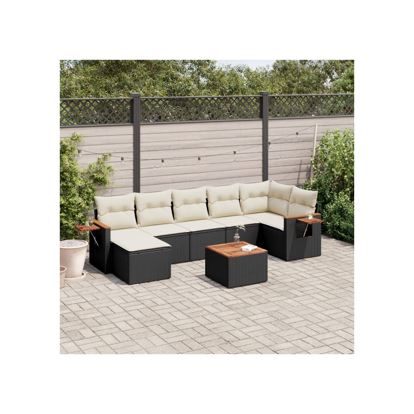 Salon de jardin 8 pcs avec coussins noir résine tressée