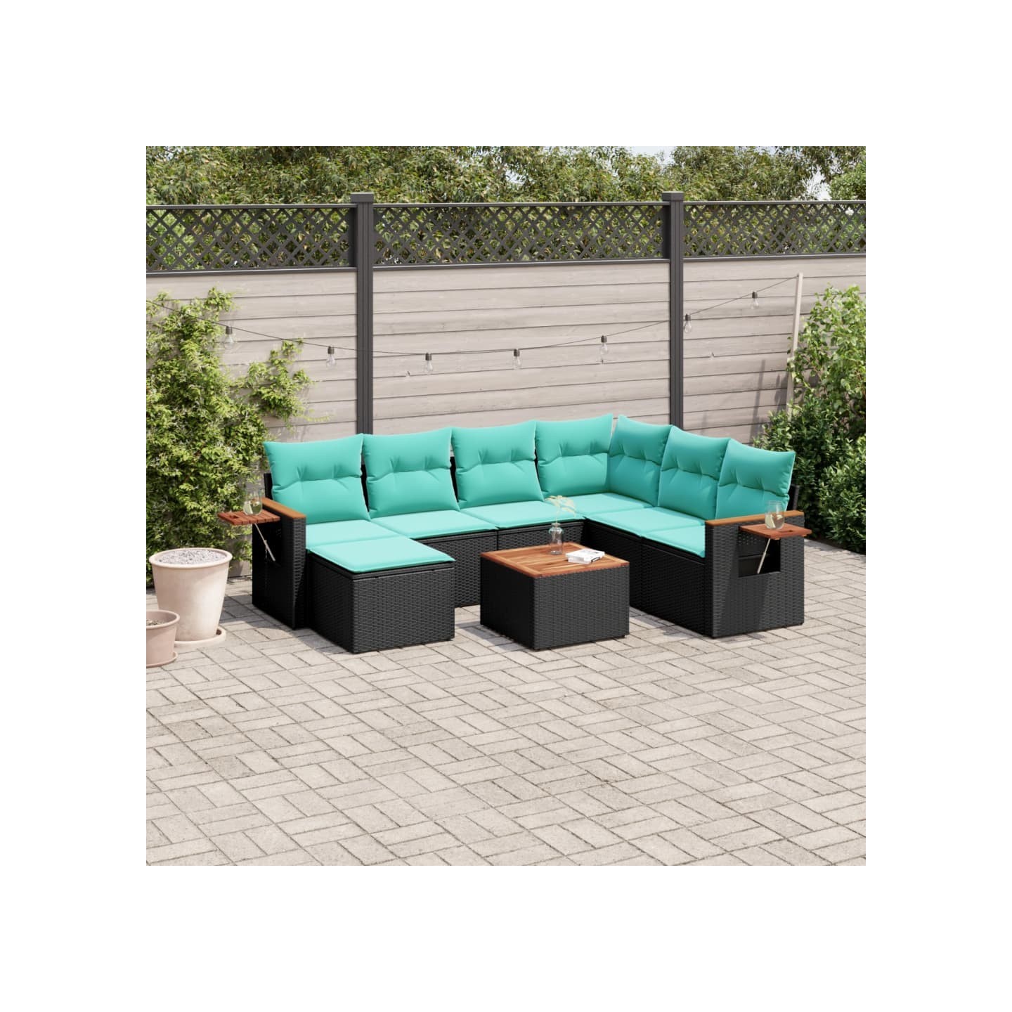 Salon de jardin 8 pcs avec coussins noir résine tressée