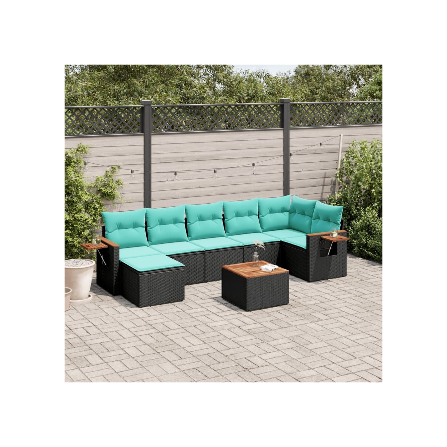 Salon de jardin 8 pcs avec coussins noir résine tressée