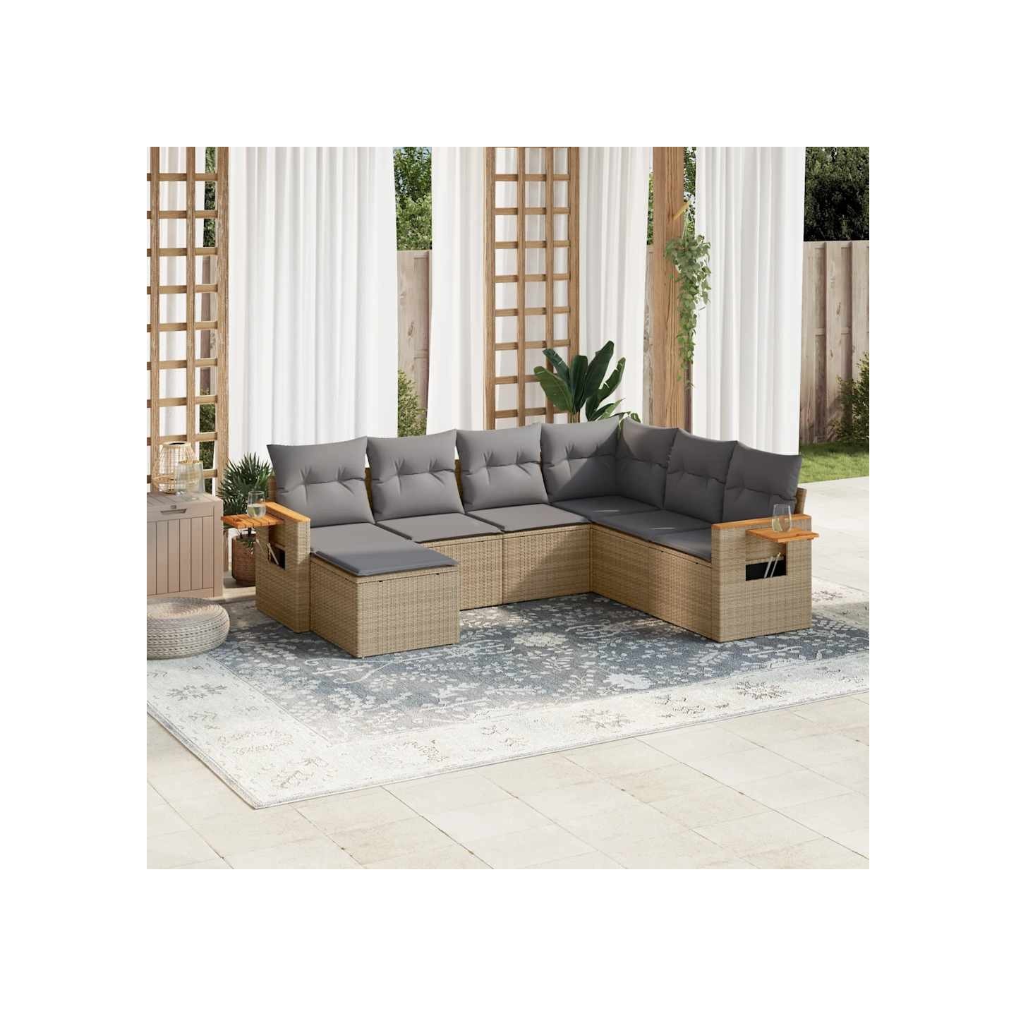 Salon de jardin avec coussins 7 pcs beige résine tressée