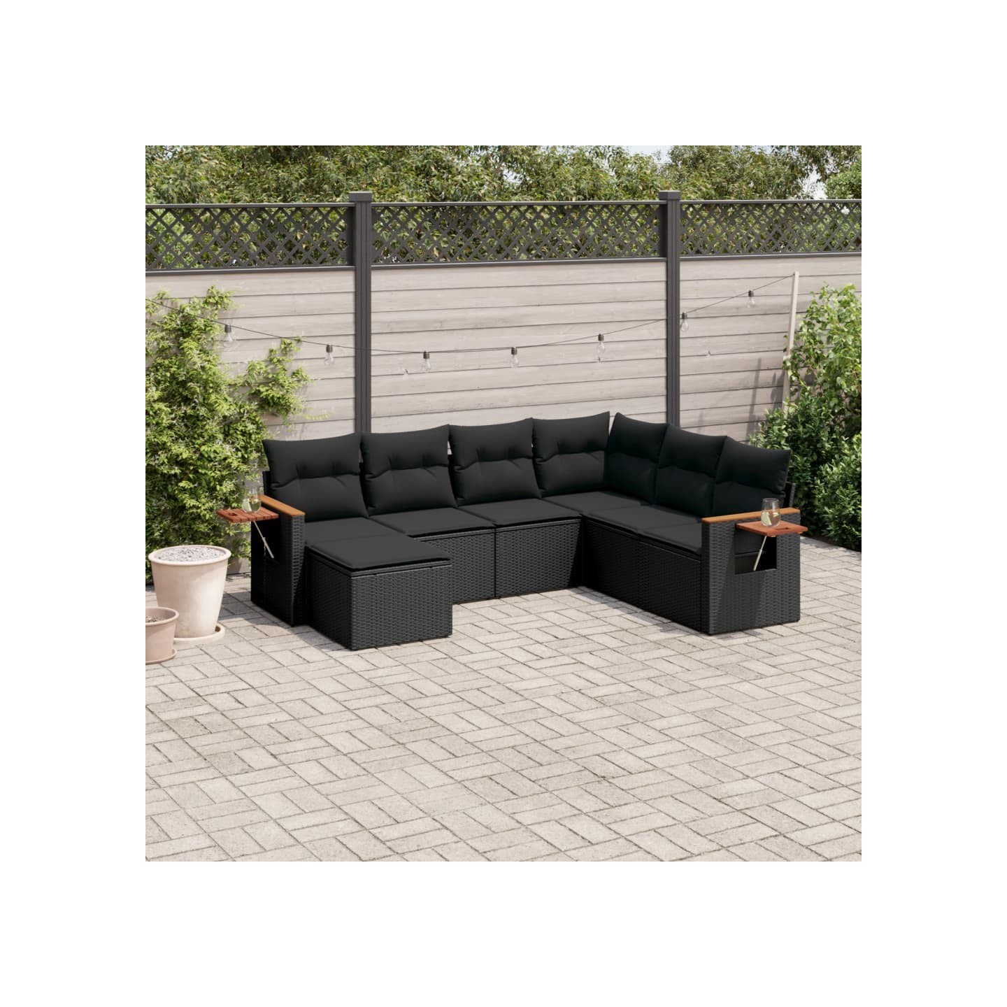 Salon de jardin 7 pcs avec coussins noir résine tressée