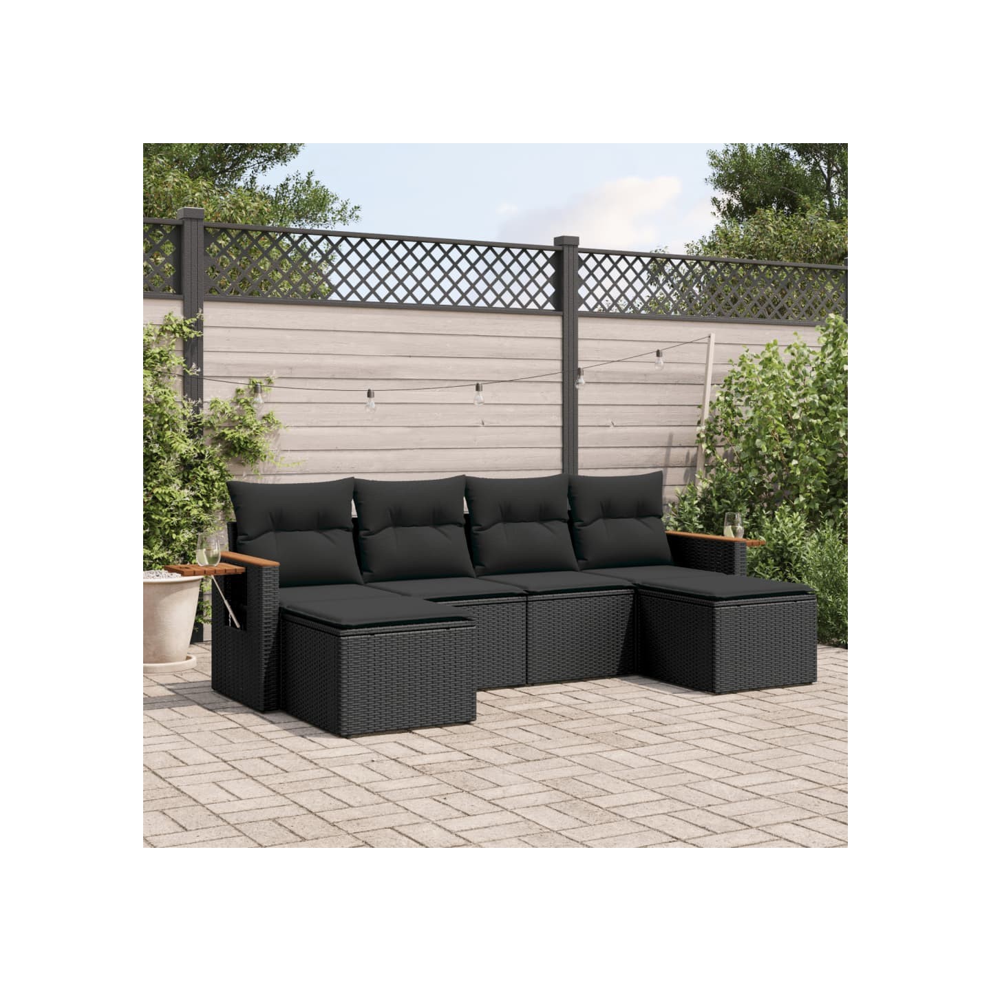 Salon de jardin 6 pcs avec coussins noir résine tressée