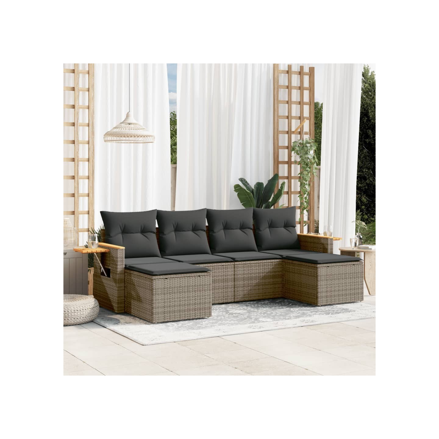 Salon de jardin 6 pcs avec coussins gris résine tressée