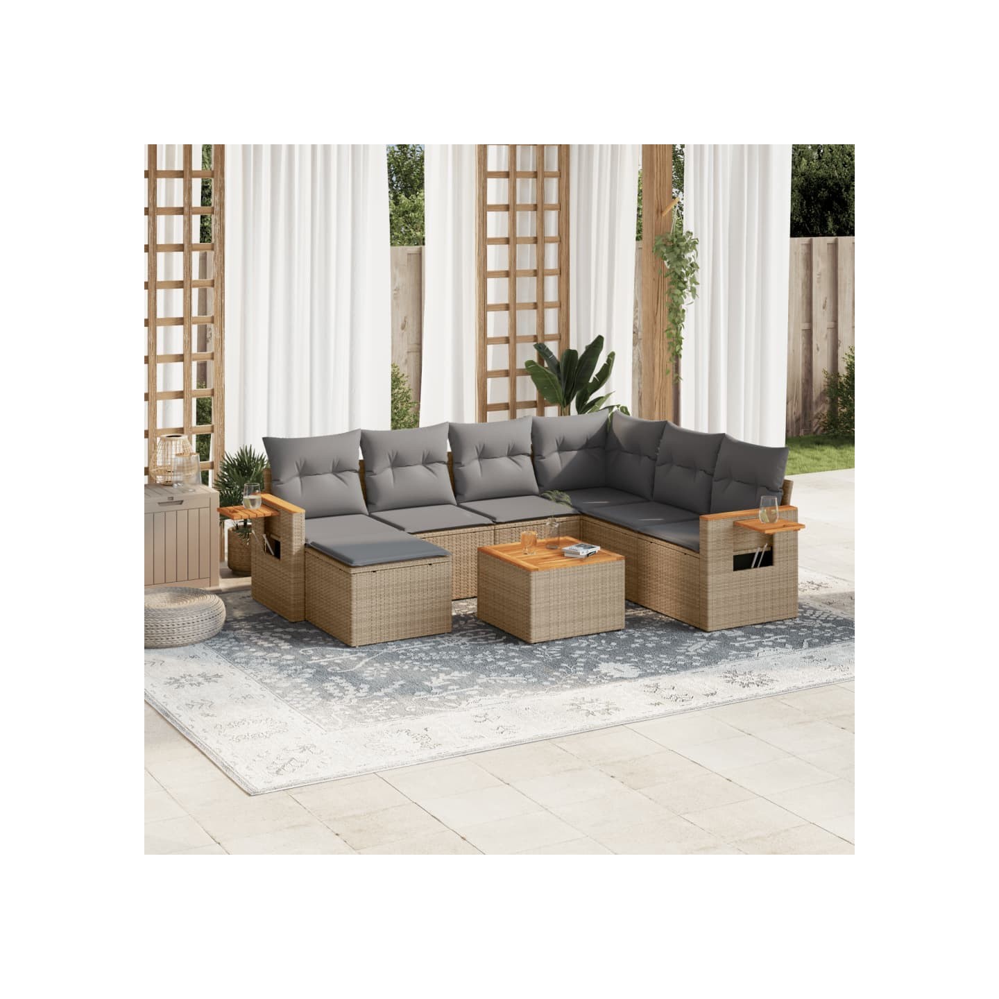 Salon de jardin avec coussins 8 pcs beige résine tressée