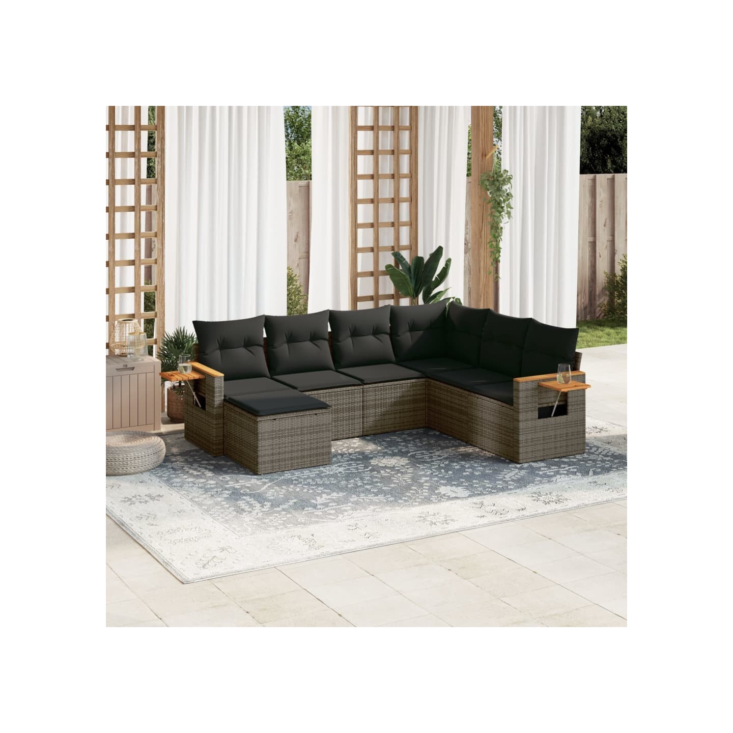 Salon de jardin avec coussins 7 pcs gris résine tressée