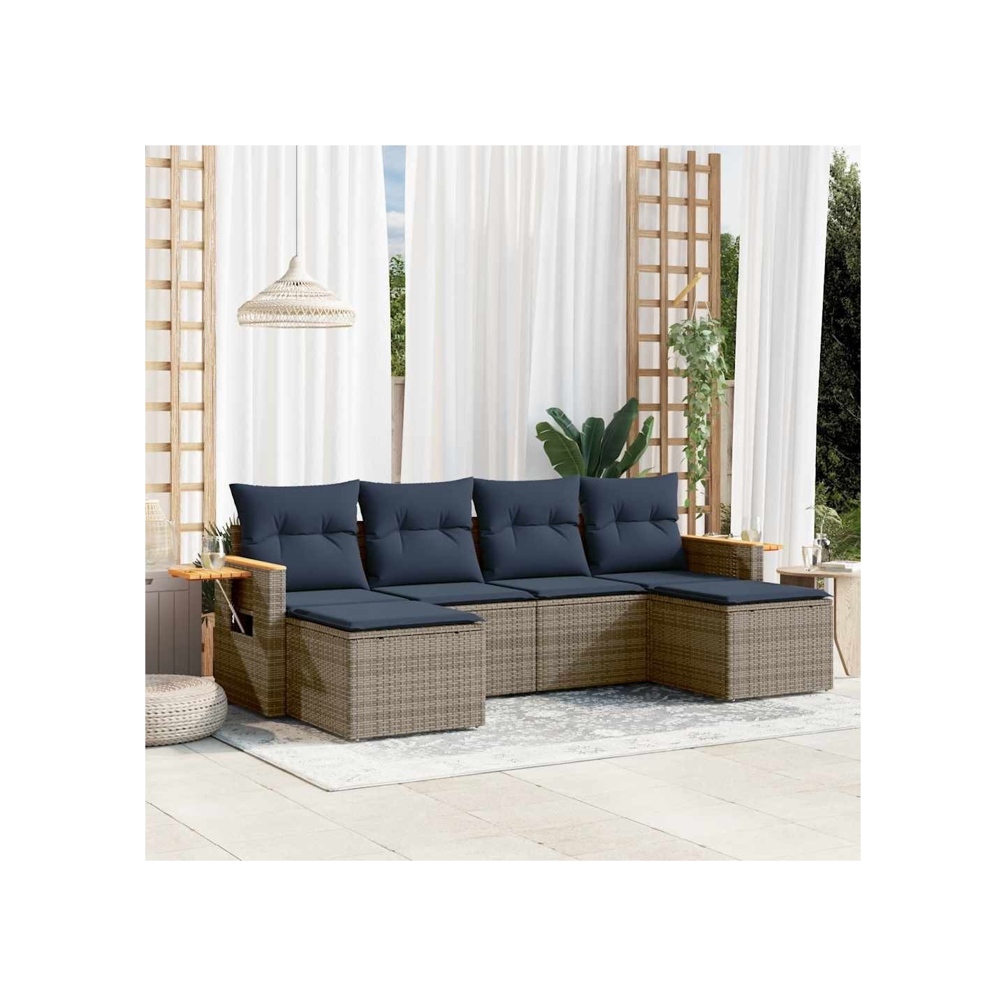 Salon de jardin 6 pcs avec coussins gris résine tressée