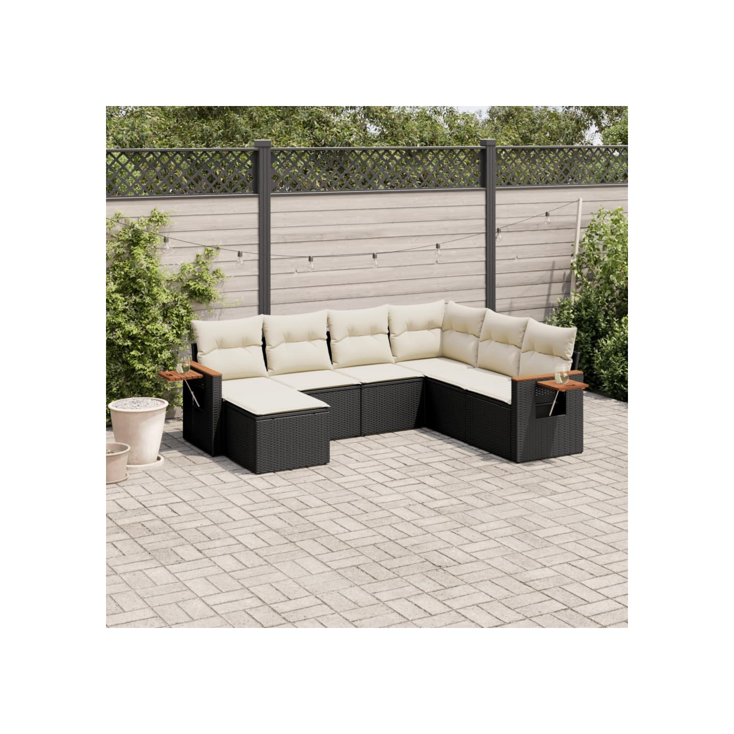 Salon de jardin 7 pcs avec coussins noir résine tressée