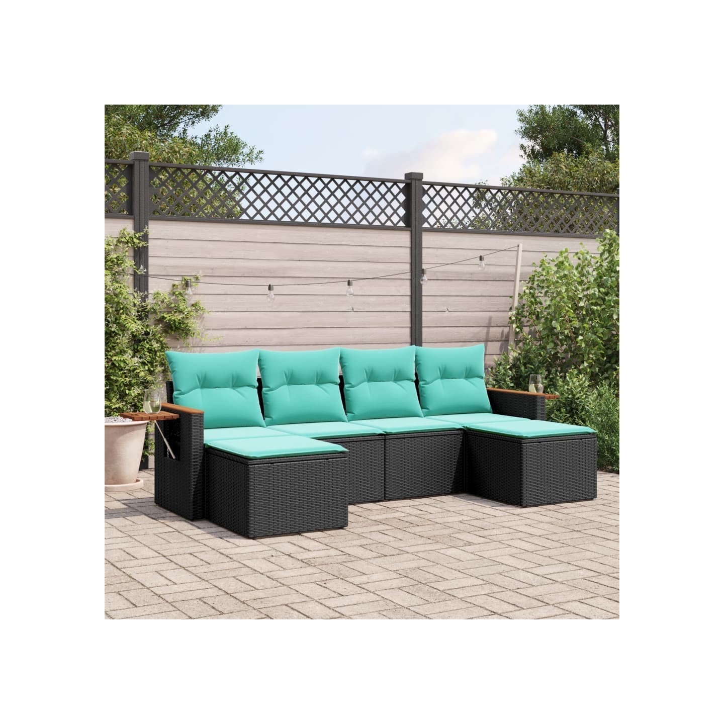 Salon de jardin 6 pcs avec coussins noir résine tressée