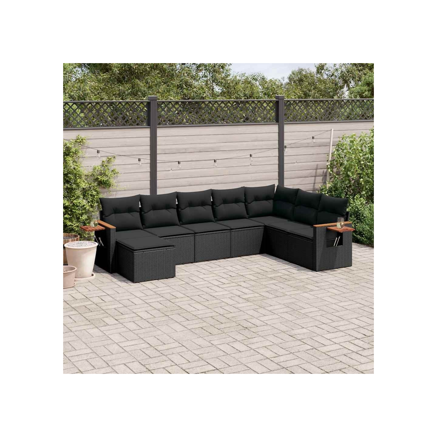 Salon de jardin 8 pcs avec coussins noir résine tressée