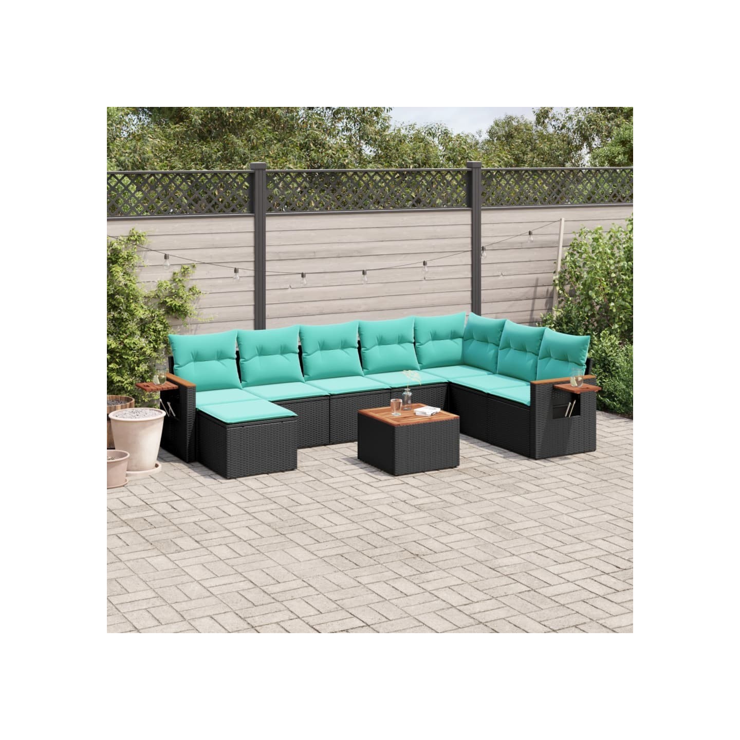 Salon de jardin 9 pcs avec coussins noir résine tressée