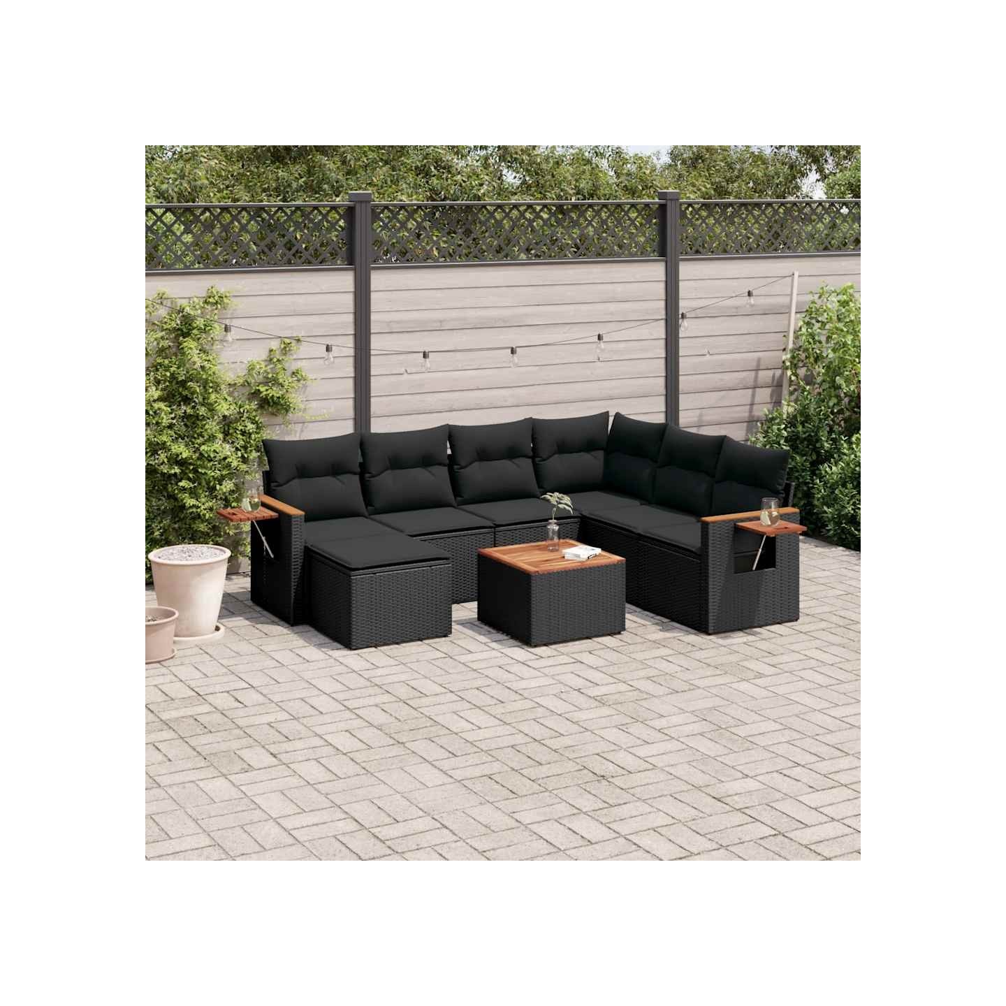 Salon de jardin 8 pcs avec coussins noir résine tressée
