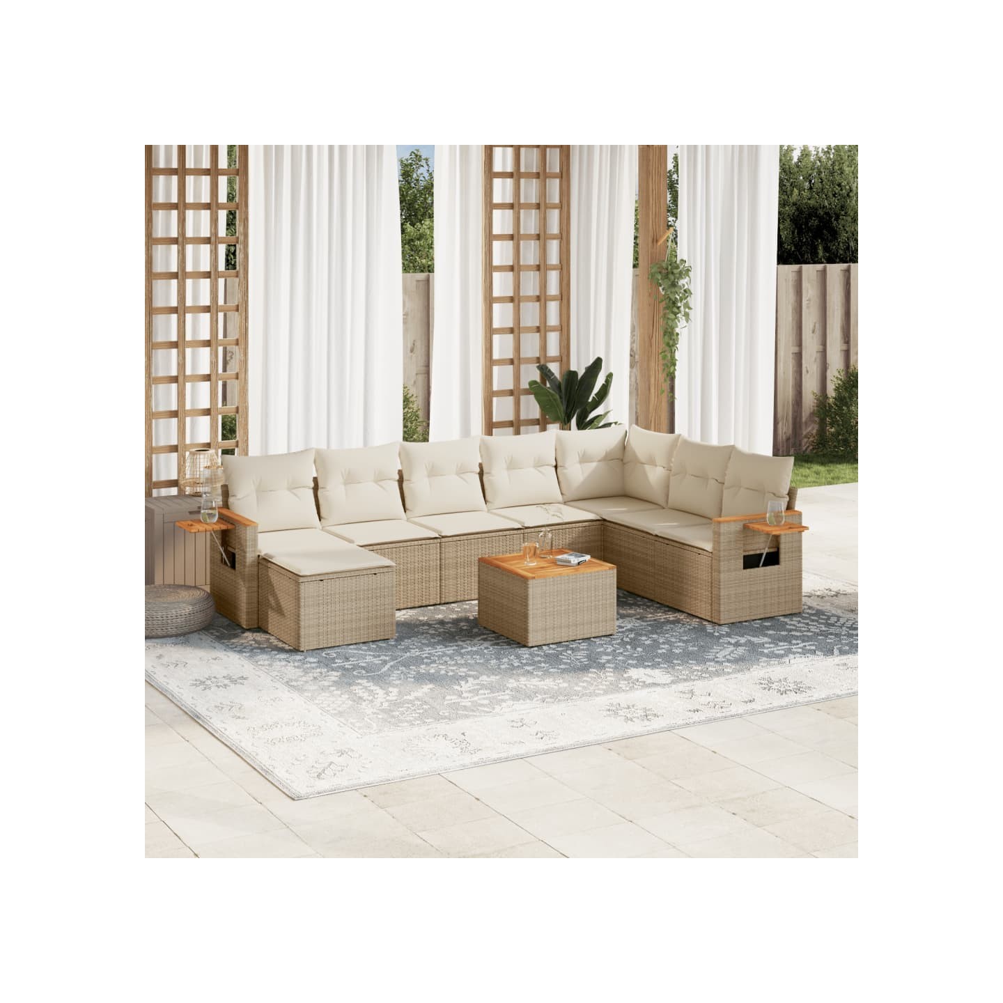 Salon de jardin avec coussins 9 pcs beige résine tressée