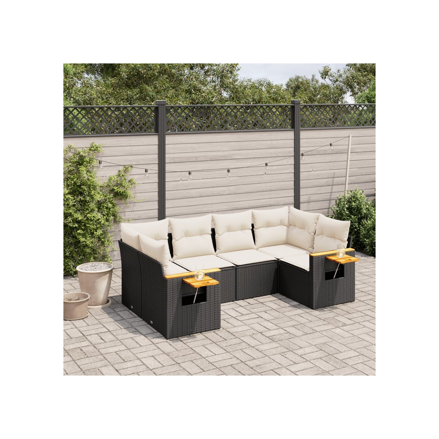 Salon de jardin 6 pcs avec coussins noir résine tressée