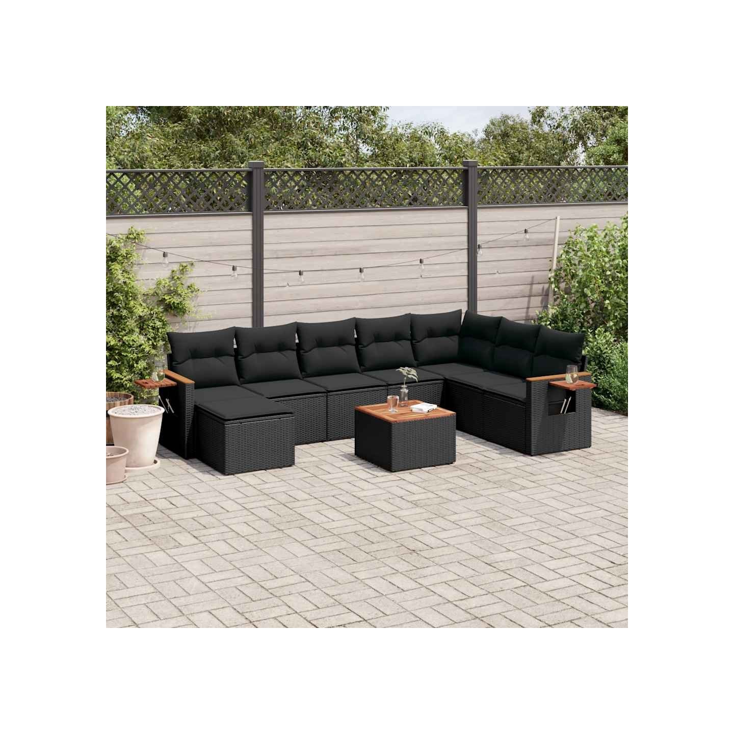 Salon de jardin 9 pcs avec coussins noir résine tressée
