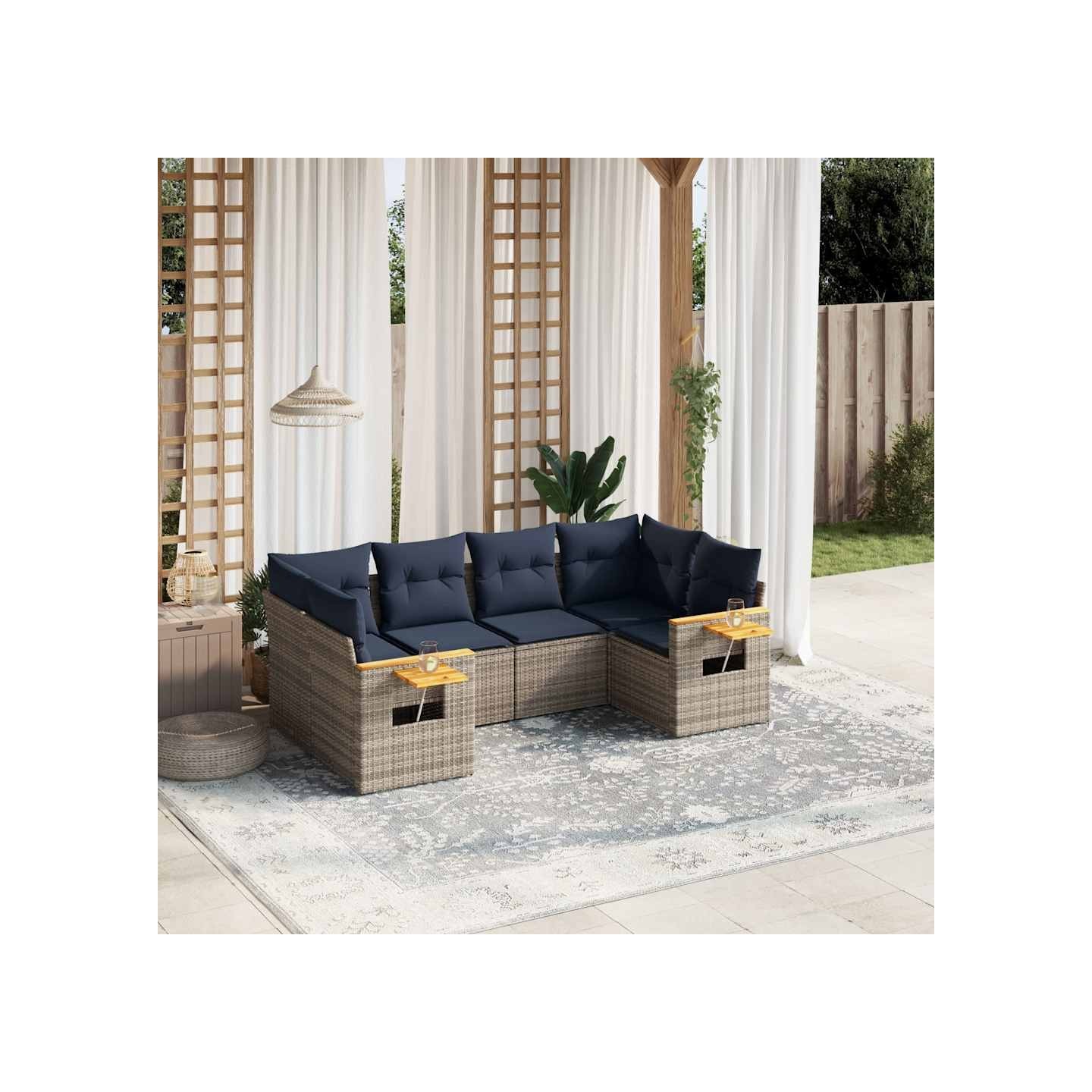 Salon de jardin 6 pcs avec coussins gris résine tressée