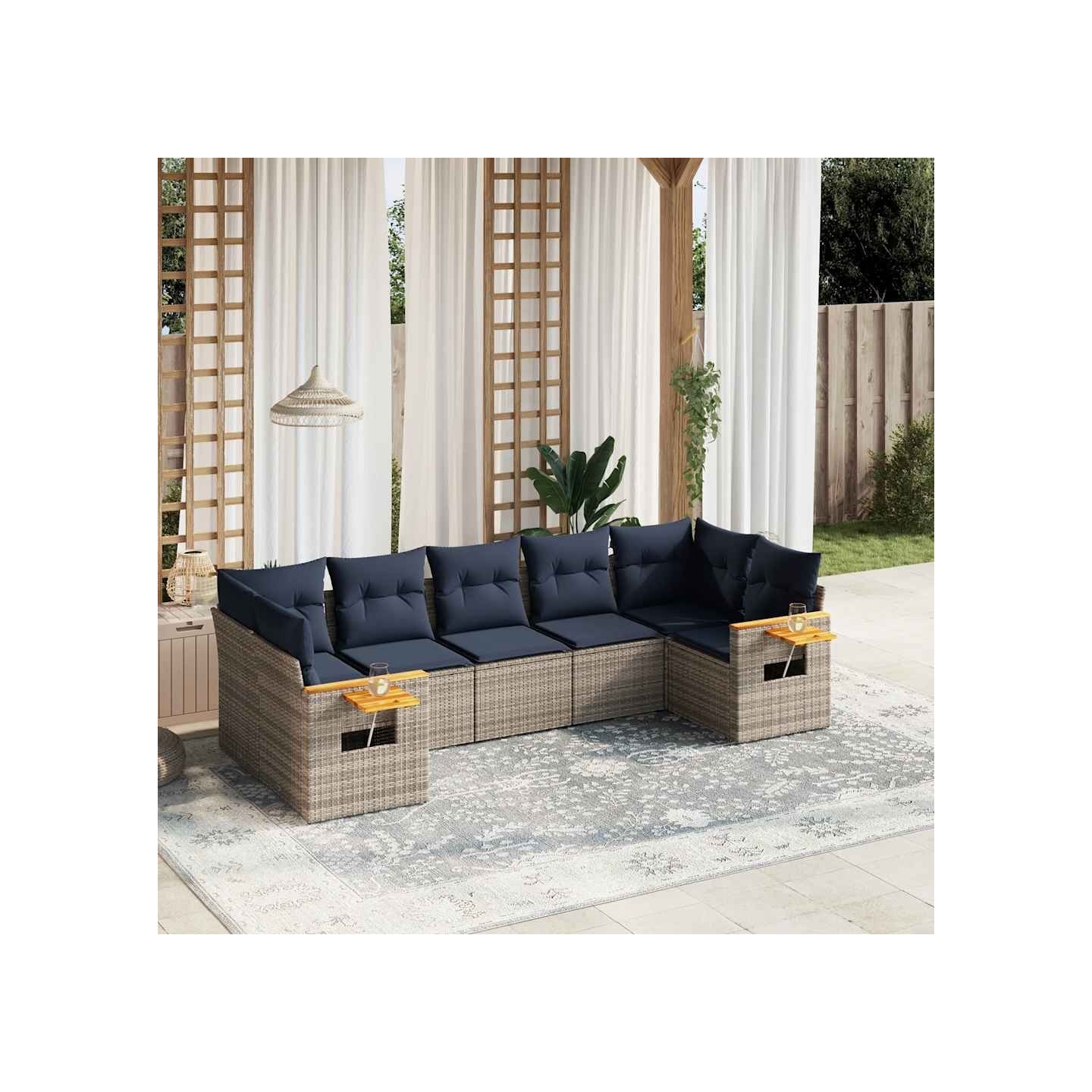 Salon de jardin 7 pcs avec coussins gris résine tressée