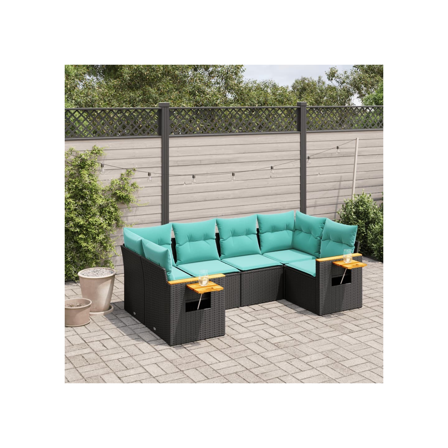 Salon de jardin 6 pcs avec coussins noir résine tressée