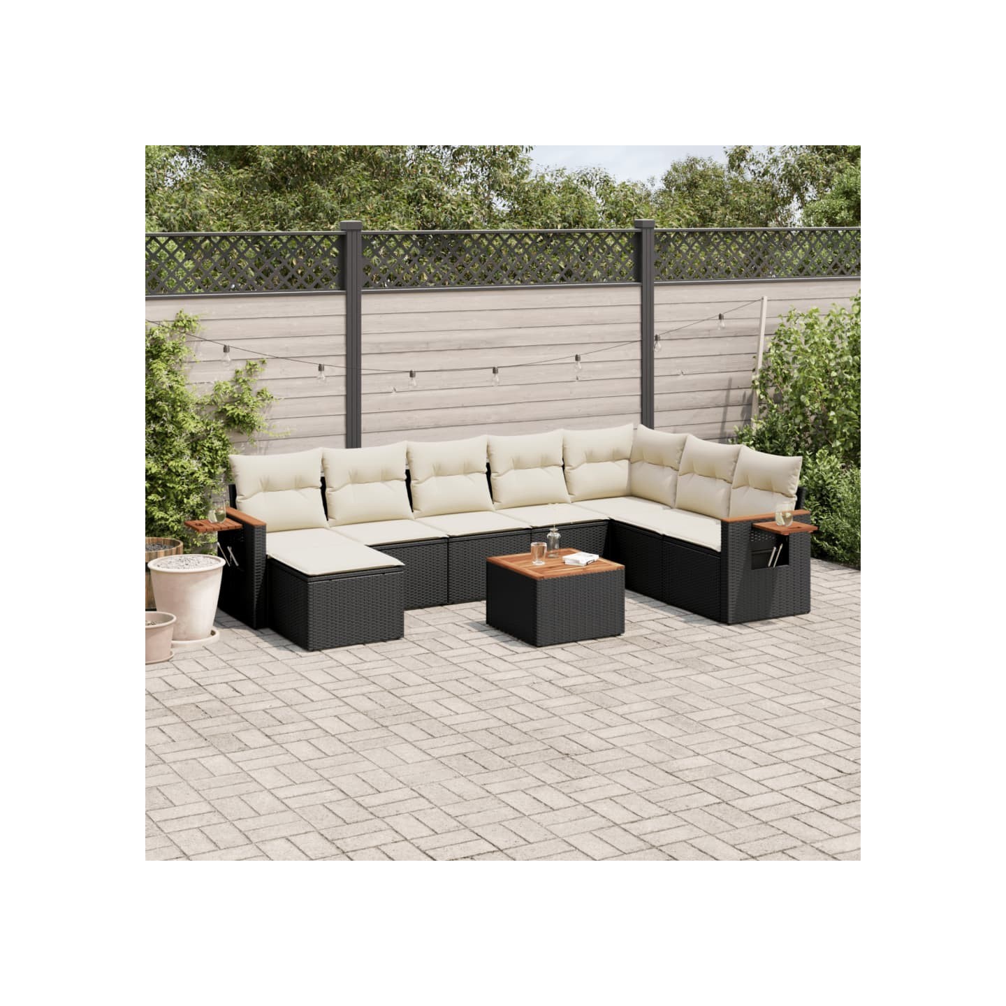 Salon de jardin 9 pcs avec coussins noir résine tressée