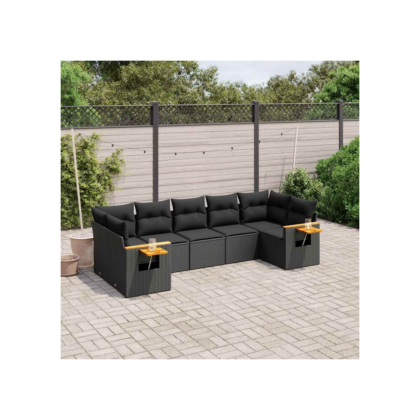 Salon de jardin 7 pcs avec coussins noir résine tressée