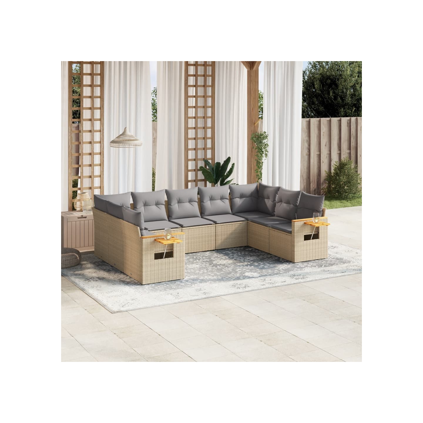 Salon de jardin avec coussins 9 pcs beige résine tressée