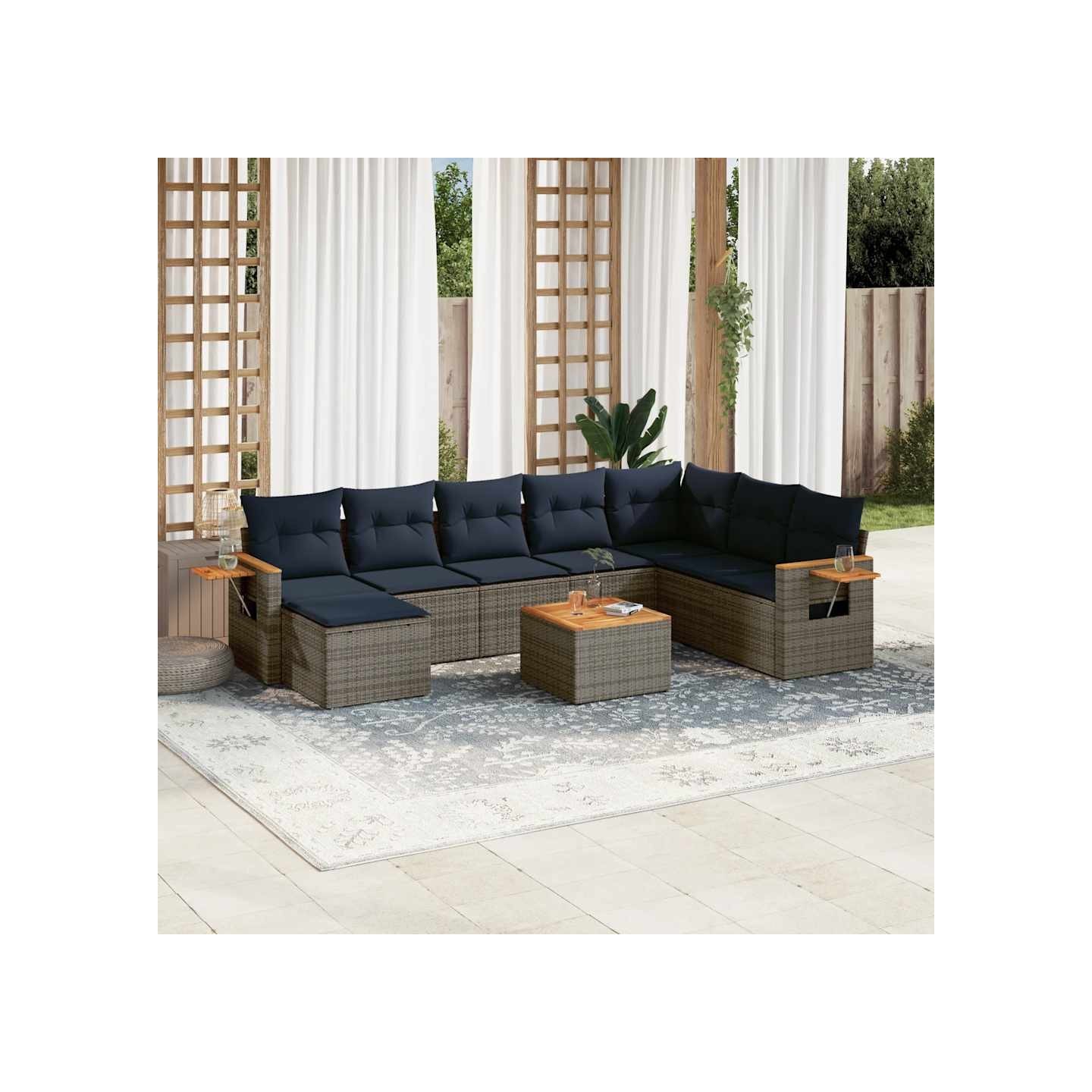 Salon de jardin 9 pcs avec coussins gris résine tressée