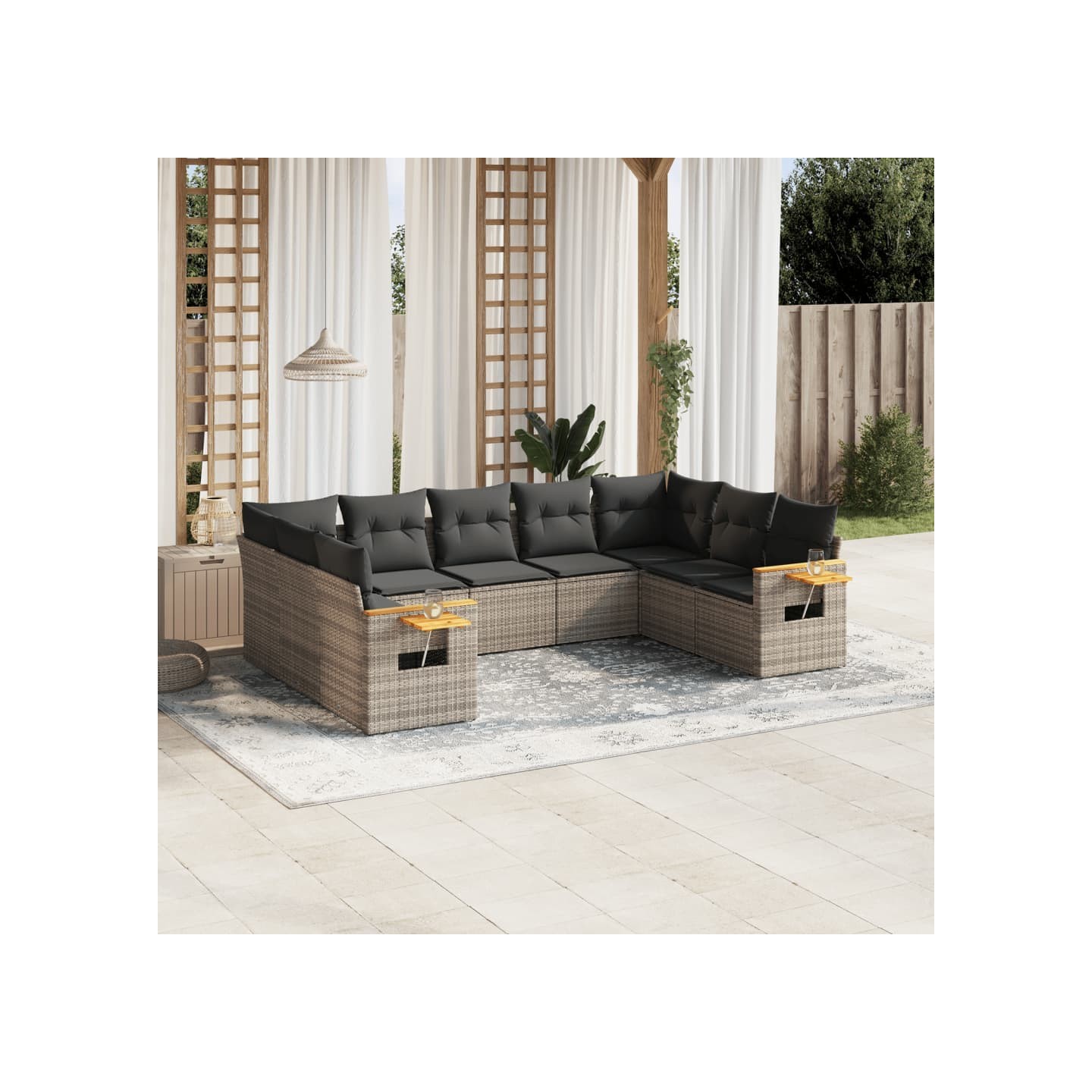 Salon de jardin 9 pcs avec coussins gris résine tressée