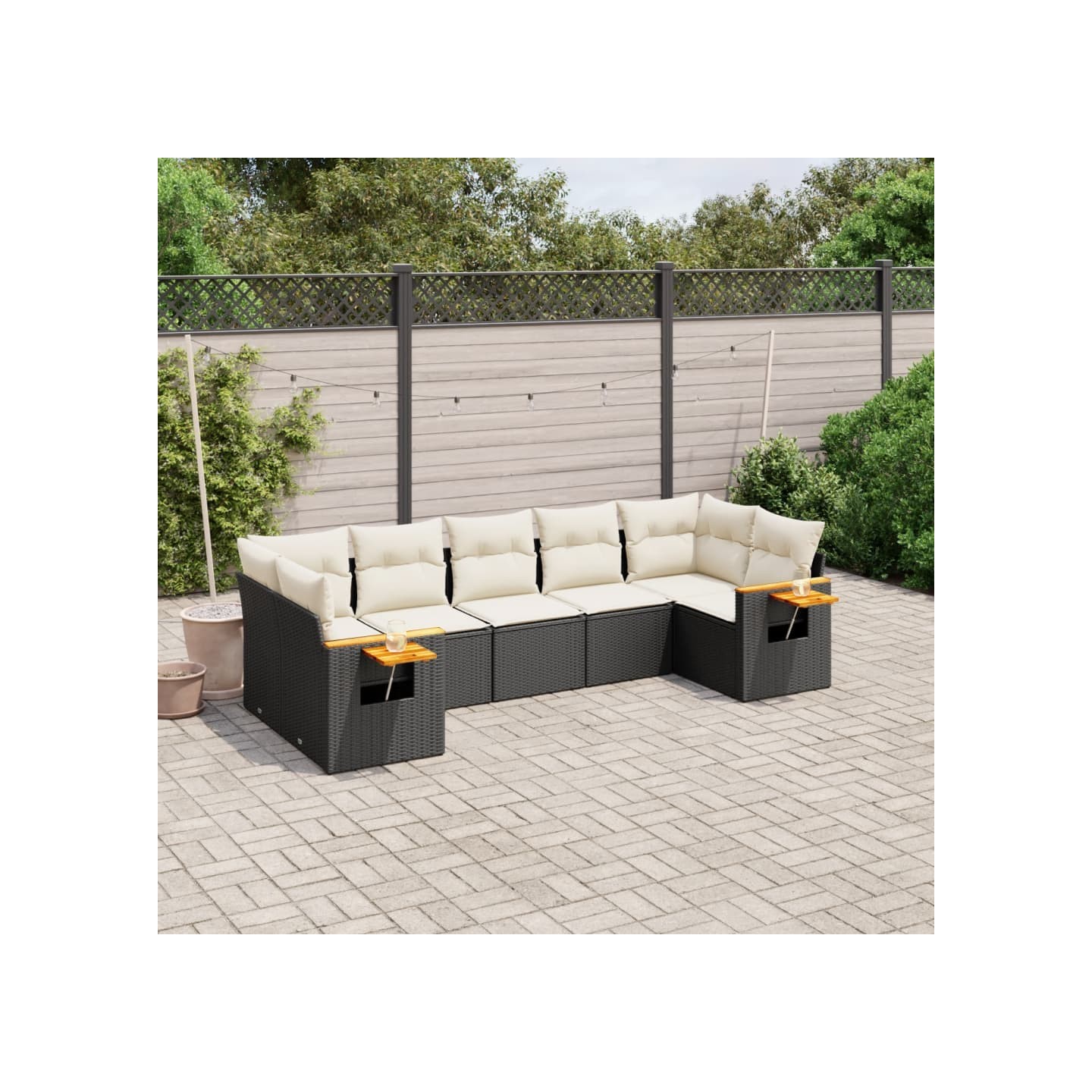 Salon de jardin 7 pcs avec coussins noir résine tressée