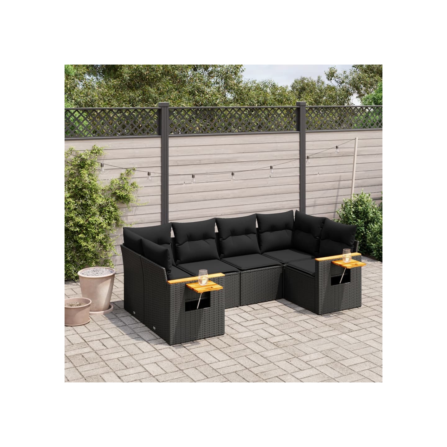 Salon de jardin 6 pcs avec coussins noir résine tressée