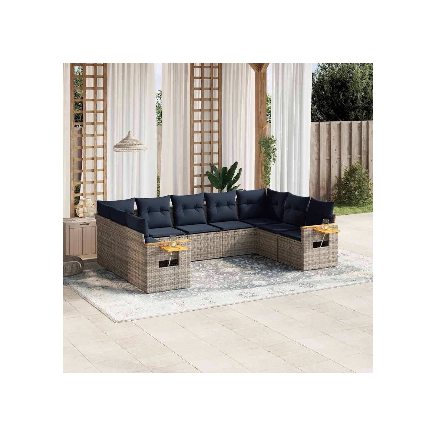 Salon de jardin 9 pcs avec coussins gris résine tressée