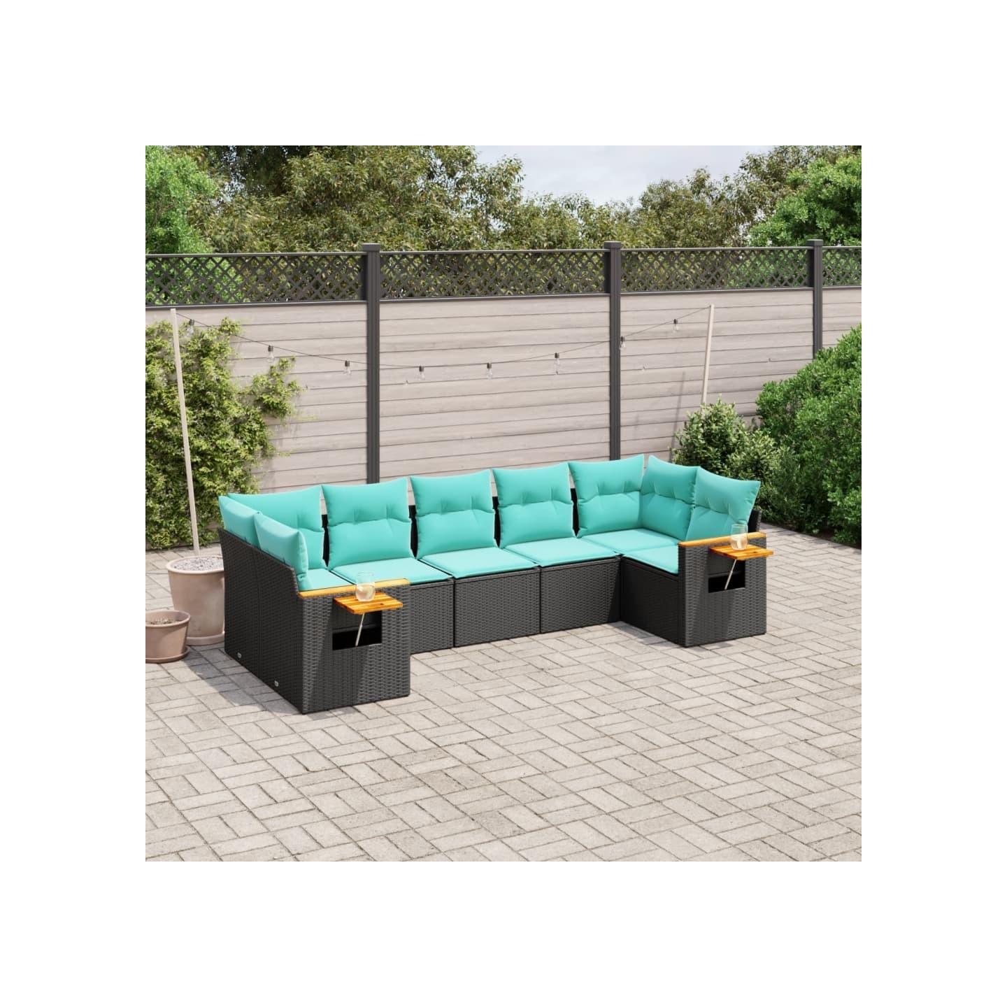 Salon de jardin 7 pcs avec coussins noir résine tressée