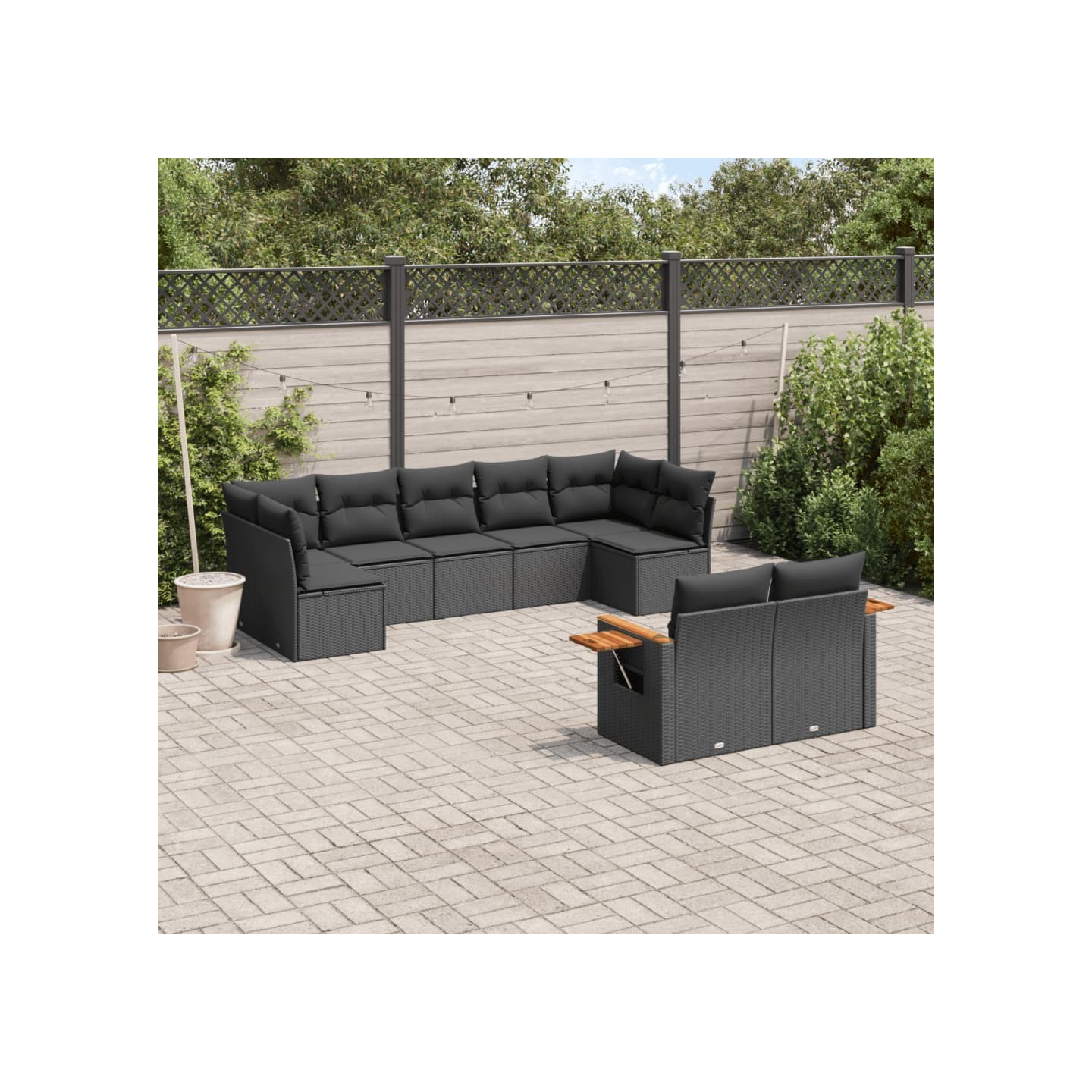 Salon de jardin 9 pcs avec coussins noir résine tressée