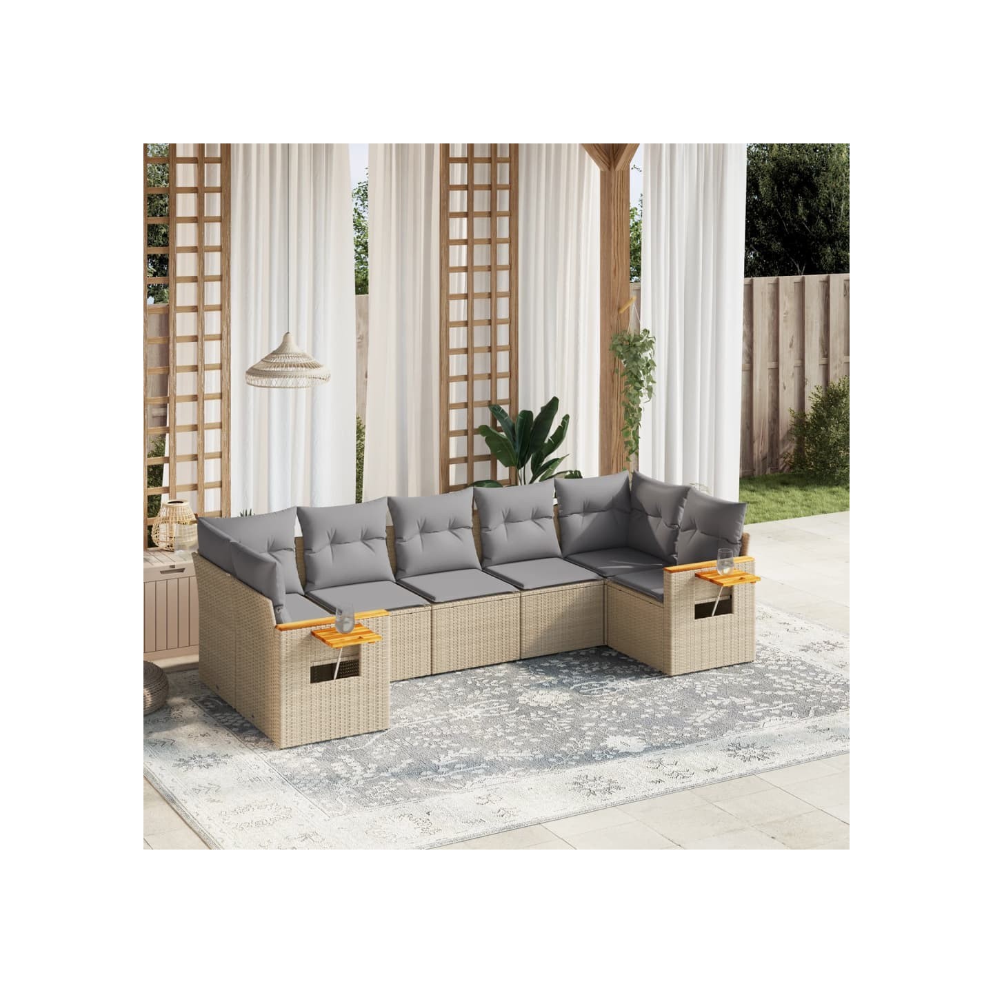 Salon de jardin avec coussins 7 pcs beige résine tressée