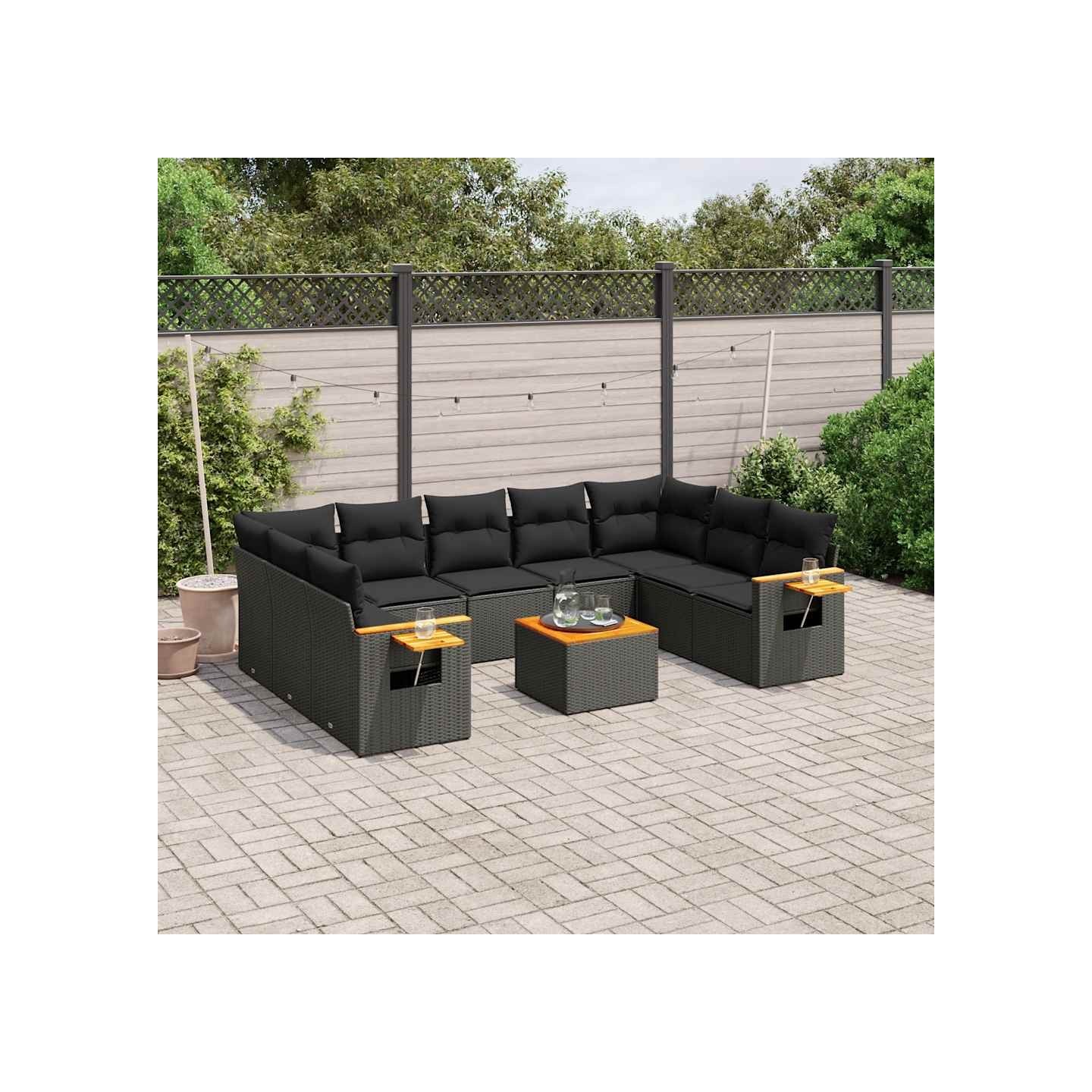 Salon de jardin 10 pcs avec coussins noir résine tressée