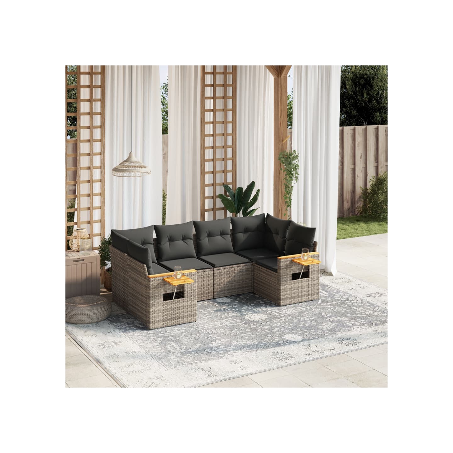 Salon de jardin 6 pcs avec coussins gris résine tressée