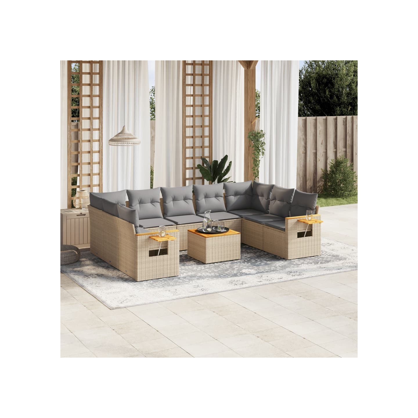 Salon de jardin avec coussins 10 pcs beige résine tressée