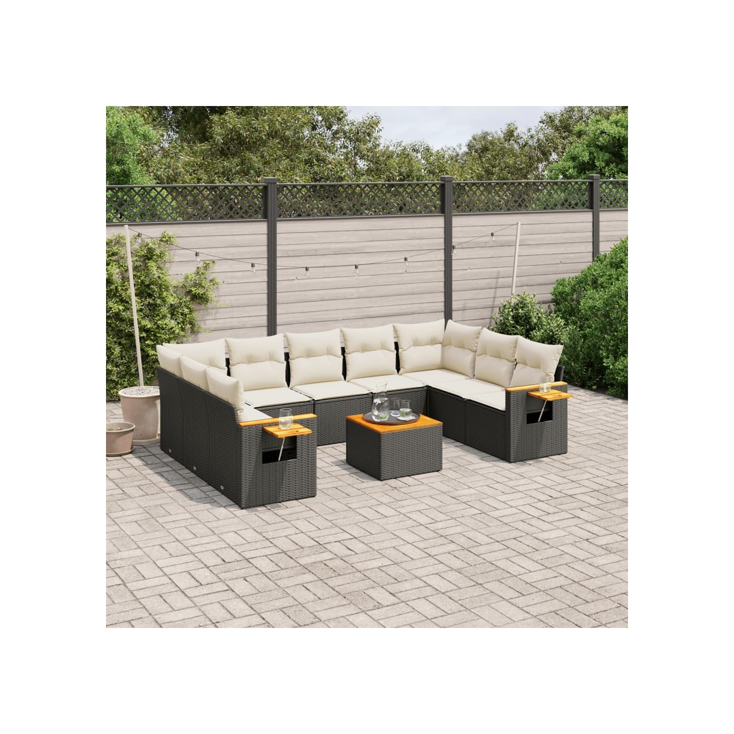 Salon de jardin 10 pcs avec coussins noir résine tressée