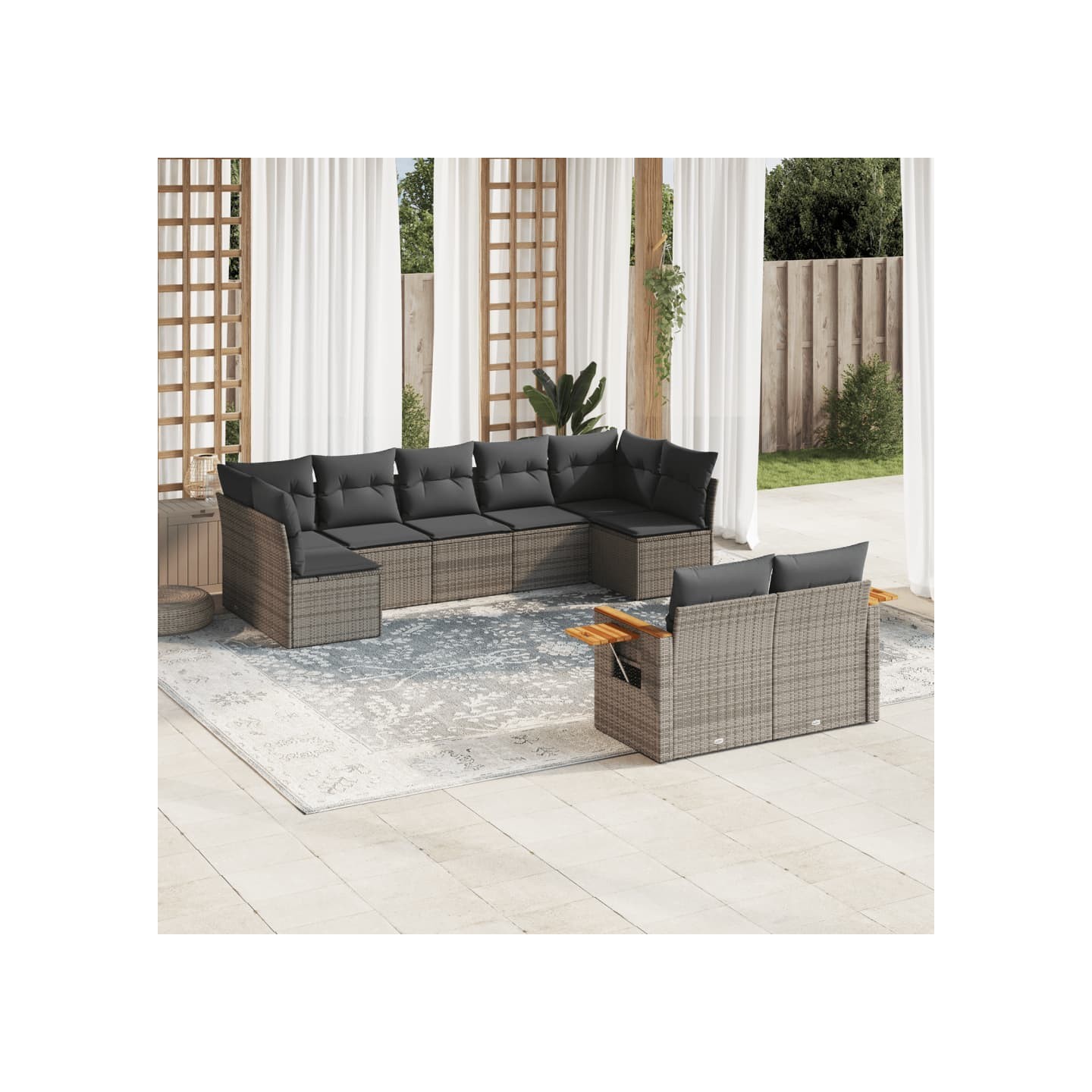 Salon de jardin 9 pcs avec coussins gris résine tressée
