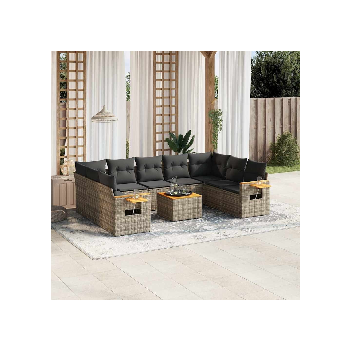Salon de jardin avec coussins 10 pcs gris résine tressée