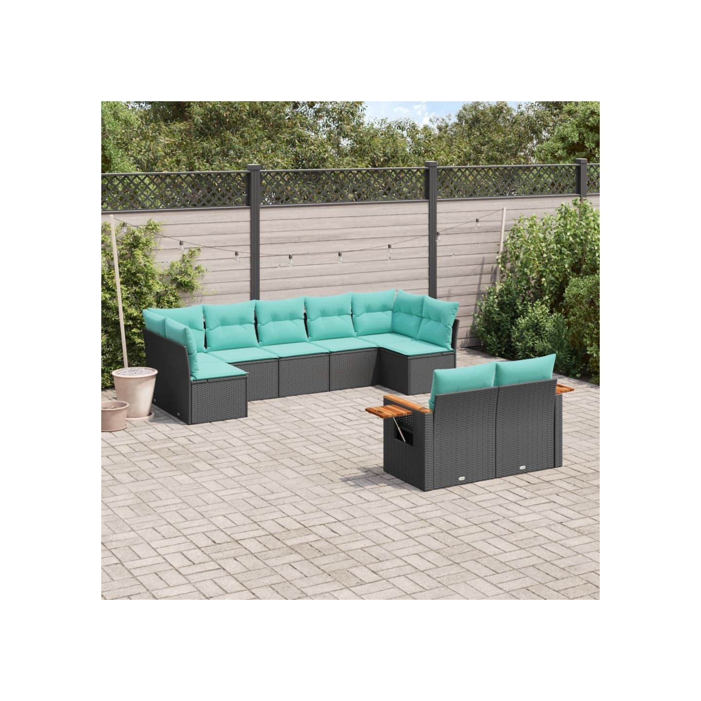 Salon de jardin 9 pcs avec coussins noir résine tressée