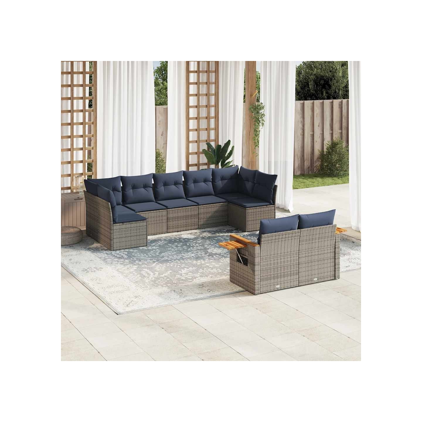Salon de jardin 9 pcs avec coussins gris résine tressée