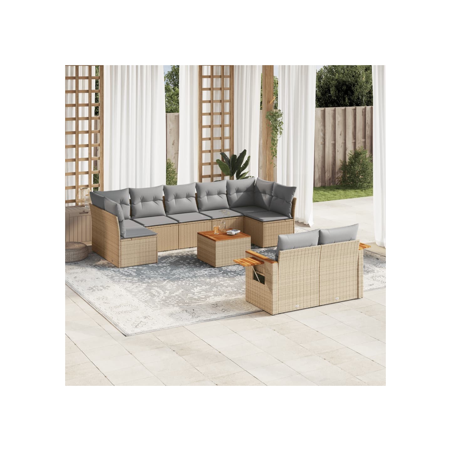 Salon de jardin avec coussins 10 pcs beige résine tressée