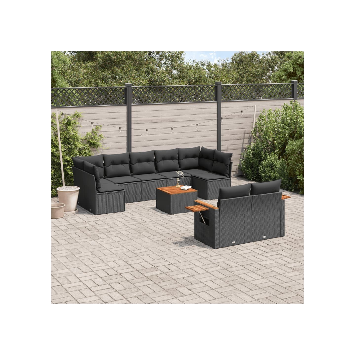 Salon de jardin 10 pcs avec coussins noir résine tressée