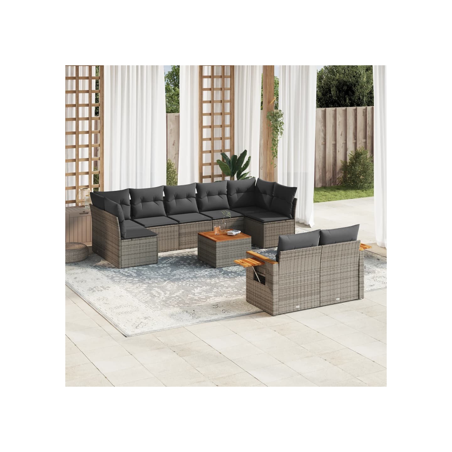 Salon de jardin avec coussins 10 pcs gris résine tressée